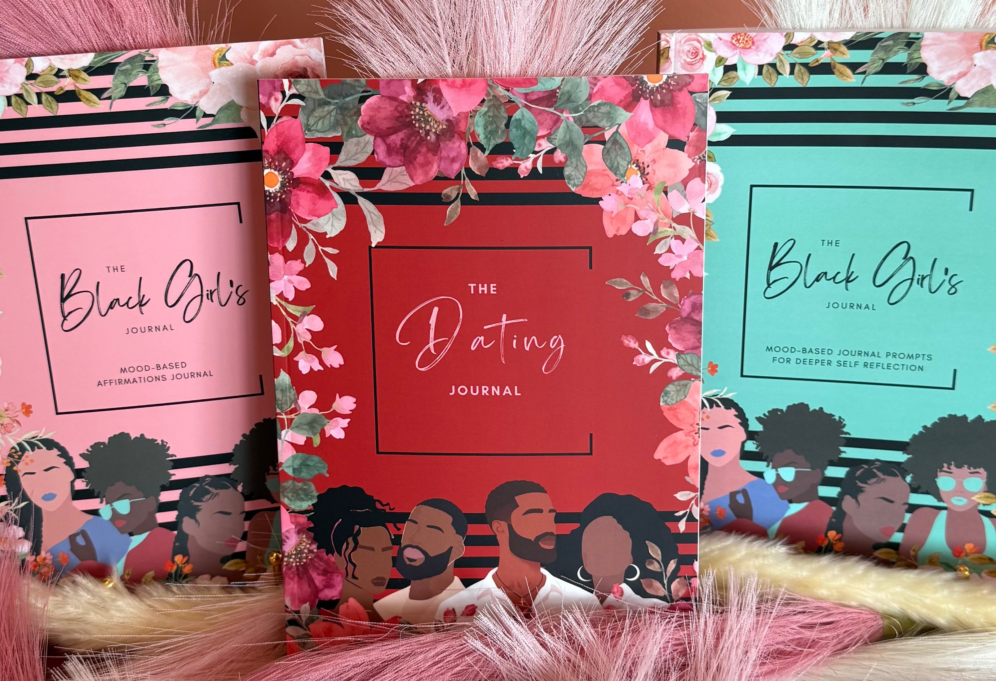 Three journals titled 'Black Girls Guided Mood Journal', 'The Dating Journal', and 'Black Girls Mood-Based Affirmation Journal' with decorative elements.